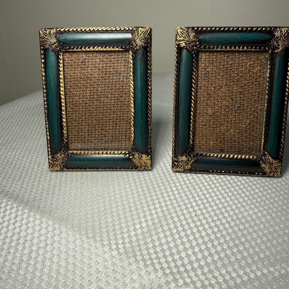 2 Mini Ornate Teal Gold Resin Picture Frames 3.5x3.5 Tabletop Cottagecore Boho